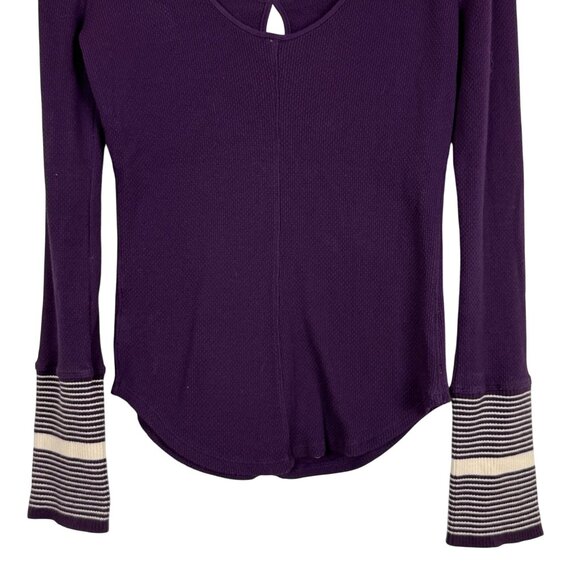 Free People Thermal Mod Striped Cuff Top Sz Large Long Sleeve Keyhole Purple - Picture 7 of 10